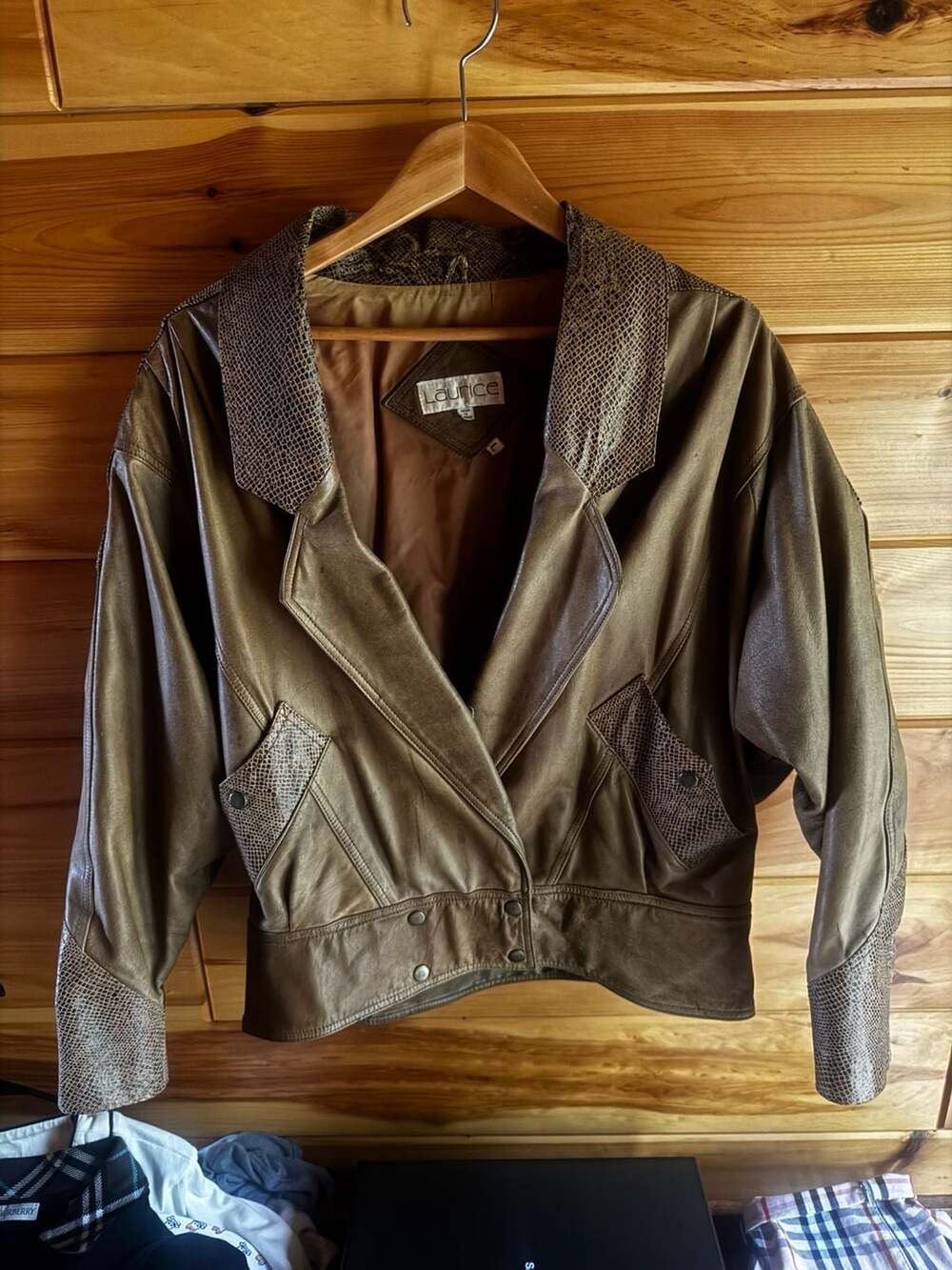 Laurice Vintage Brown Leather Biker Jacket with Snakeskin Size Large